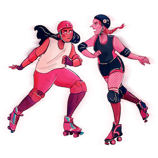 Two roller derby skaters about to ???